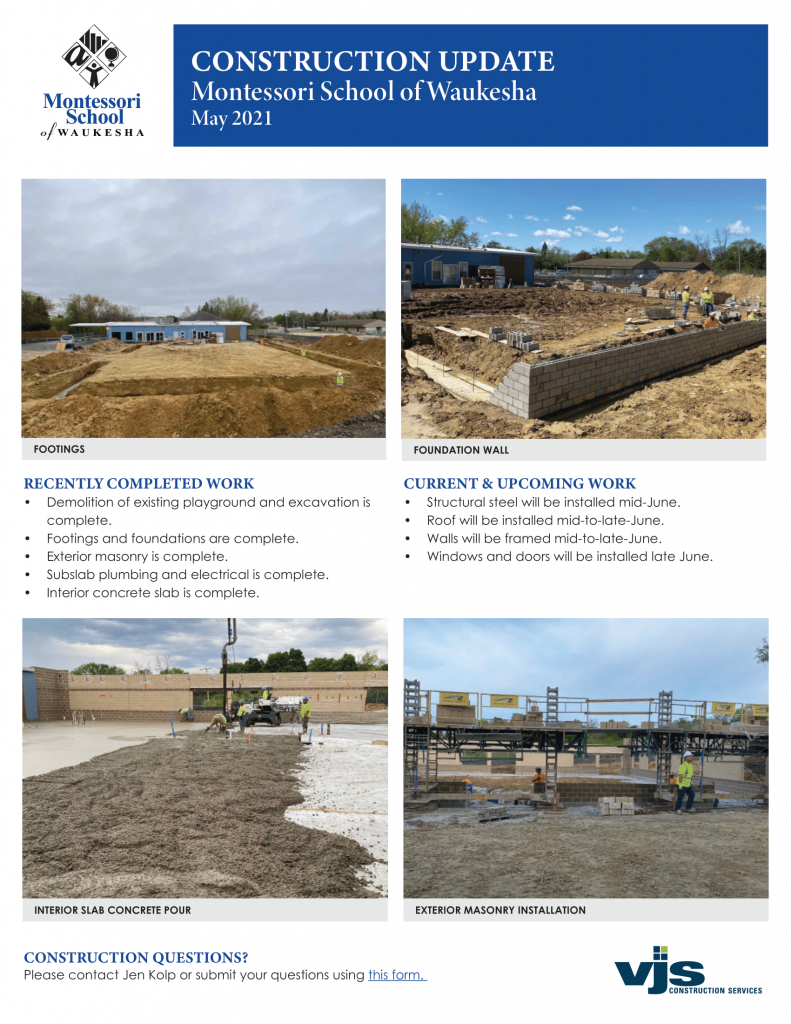 Montessori School of Waukesha May 2021 Construction Update